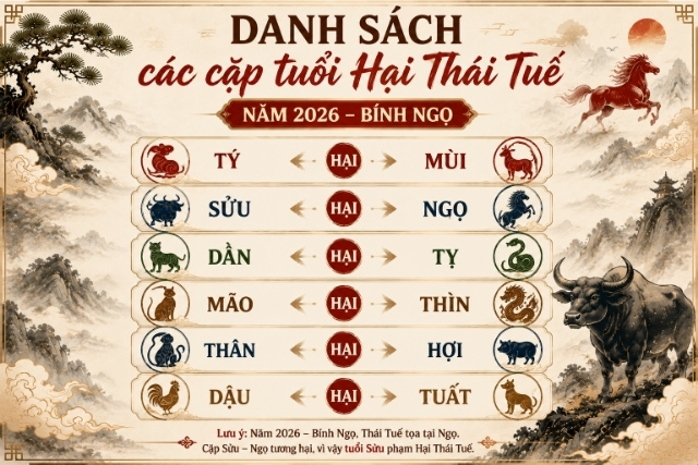 Danh sách các cặp tuổi Hại Thái Tuế năm 2026